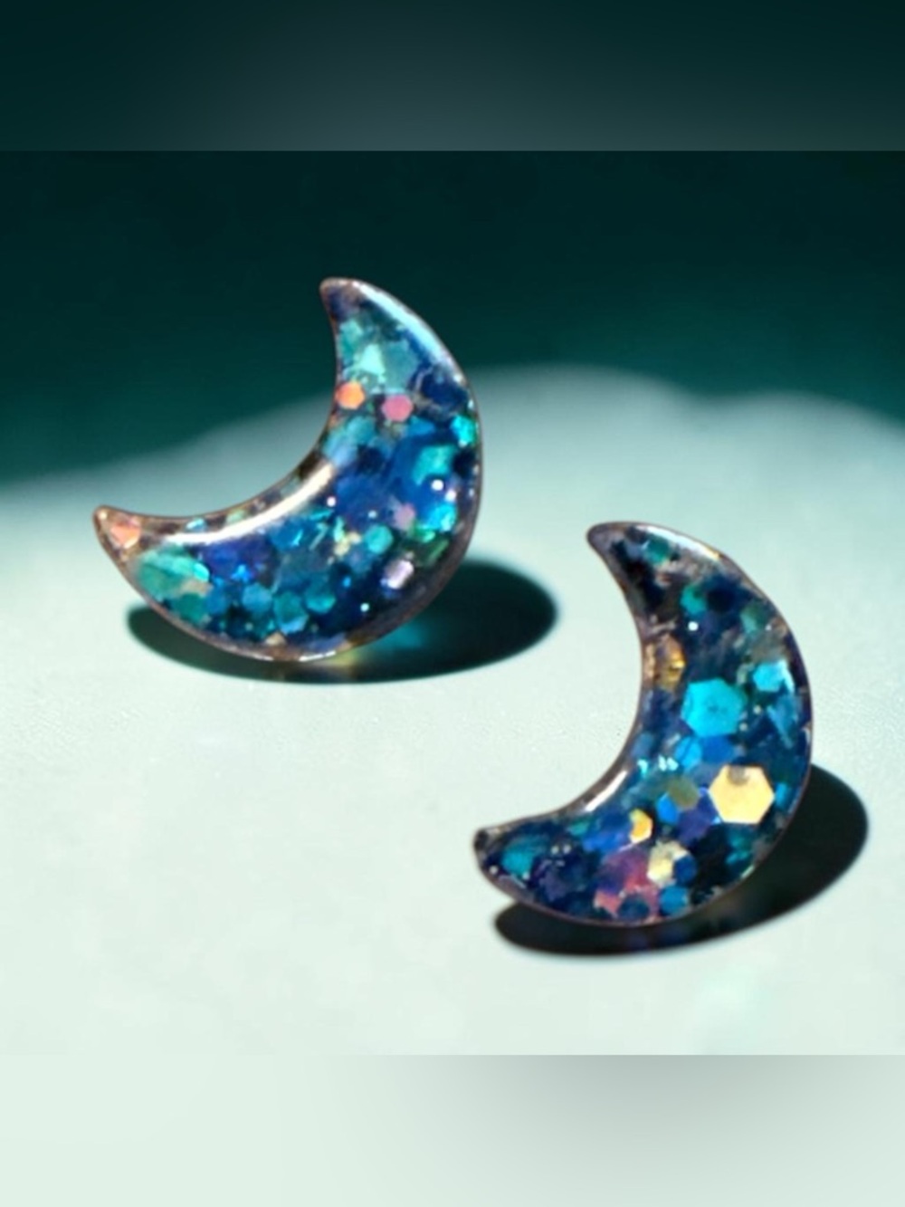 Blue Glitter Crescent Moon Stud Earrings - Women Jewelry
